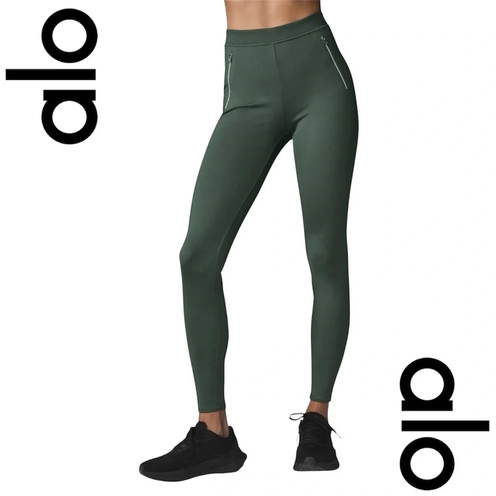 NWOT! ALO YOGA High-Waist Thrill Seeker Leggings in Olive Green with Front Zippe